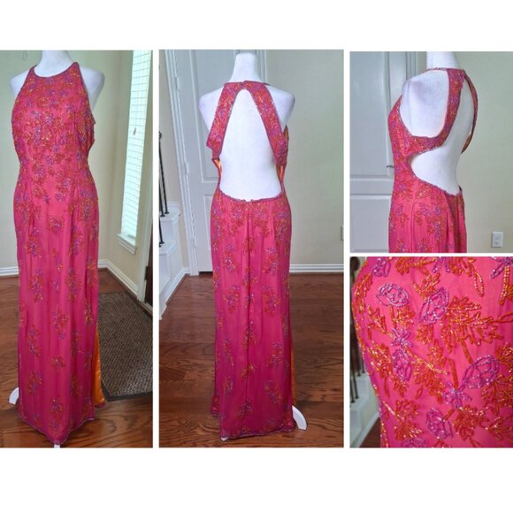 VTG Andretta Donatello 100% Silk Beaded Slip Gown Sz L Halter Formal Evening - Picture 1 of 17